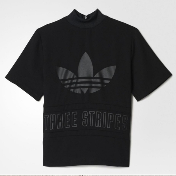 Adidas Black on Black Trefoil Three Stripes Graphic High Neck Short Sleeve Top M - Picture 3 of 9
